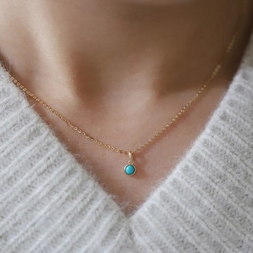 Sterling Silver Gold Necklace with Turquoise Mini Round Pendant